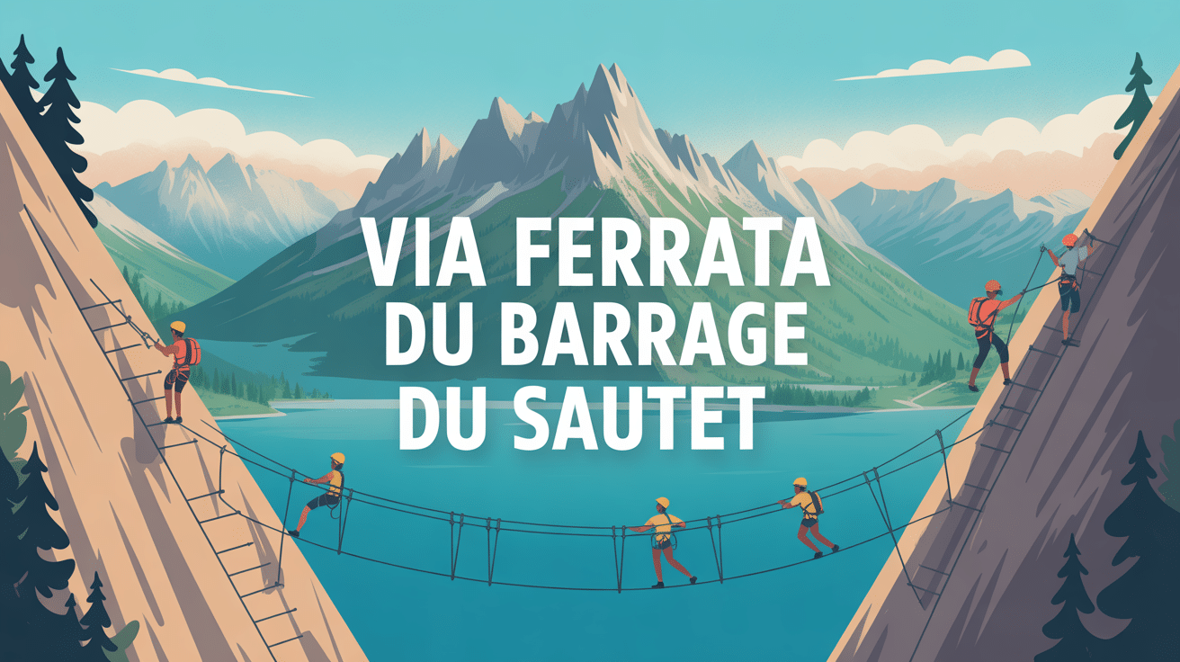 via ferrata du barrage du sautet vue lac et grimpeurs