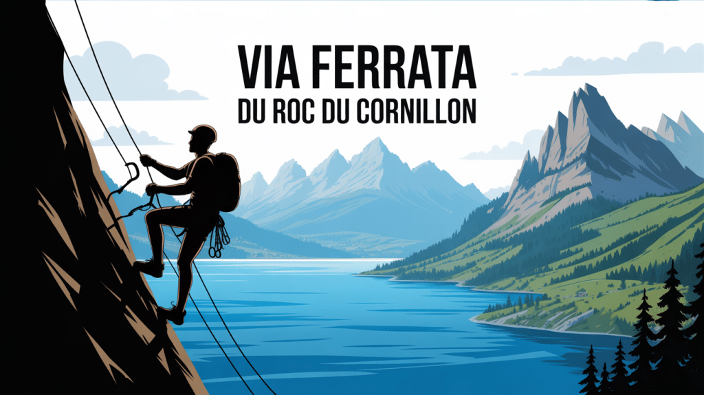 Via ferrata Roc du Cornillon vue grimpeur sur lac