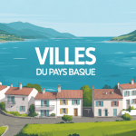 Vue d'une ville du pays basque entre océan et montagnes