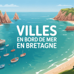 Illustration ville bord de mer bretagne avec falaises et port