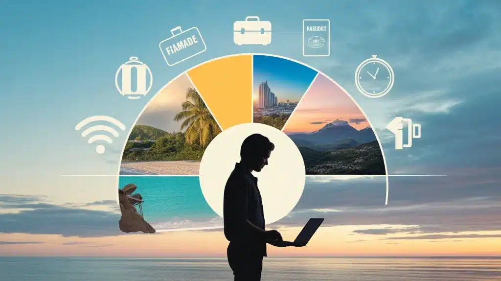 travail nomade silhouette devant paysages internationaux