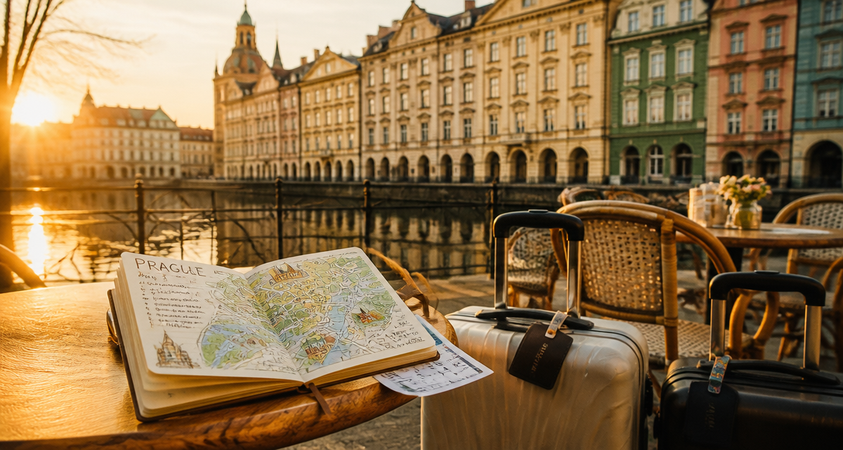 Weekend en Europe terrasse café valises carnet de voyage