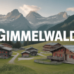 Vue panoramique de Gimmelwald avec chalets et montagnes