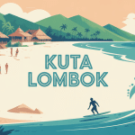 Plage tropicale Kuta Lombok avec palmiers et surfeur