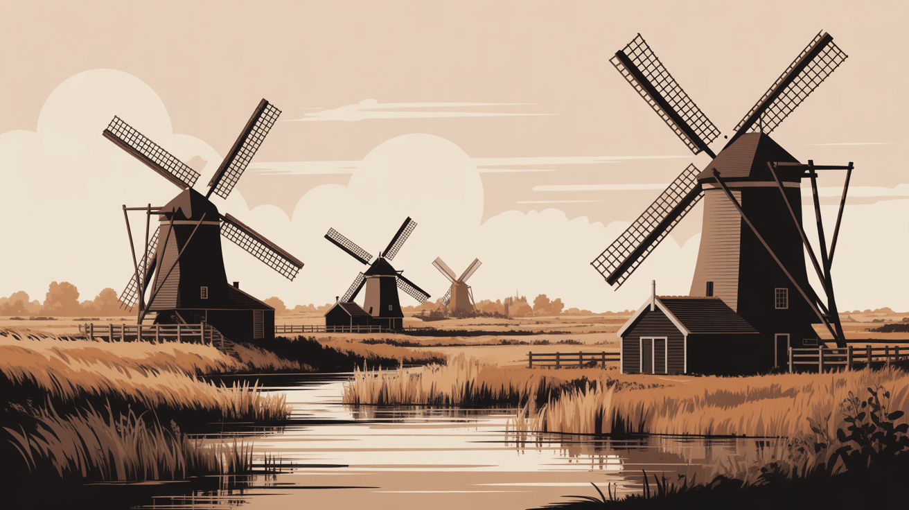 Evolution historique moulin Hollande silhouettes moulins
