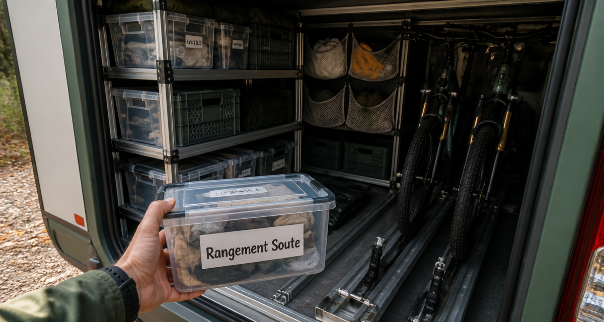 rangement soute pour camping car avec étagères et vélos