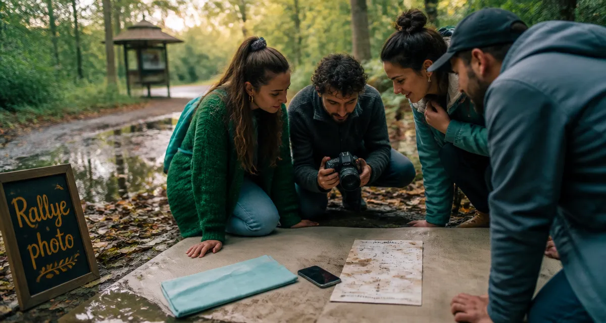 Rallye photo entre amis dehors : carte papier et smartphone sur tapis