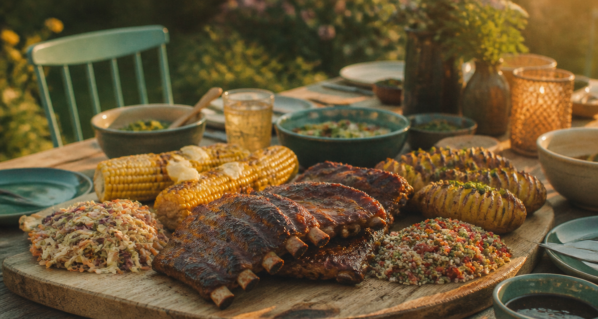 accompagnement ribs avec salade, maïs et pommes de terre