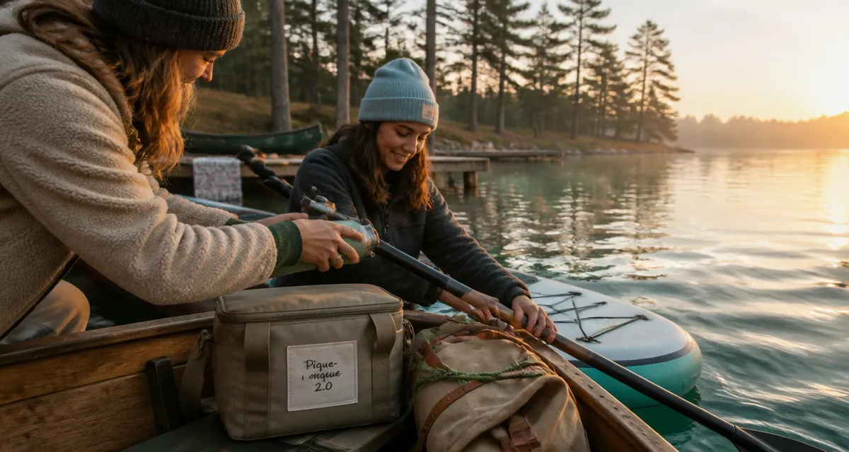Activité à faire entre copine dehors : deux amies préparent un SUP sur un lac pour un pique-nique au soleil