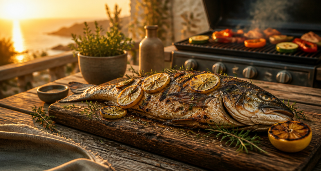 bar au bbq grillé avec herbes et citron