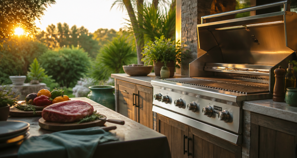barbecue cuisine extérieure inox pierre bois