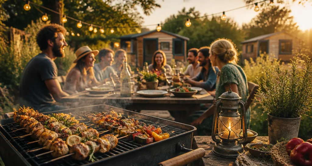 Barbecue entre amis autour d'une table au jardin