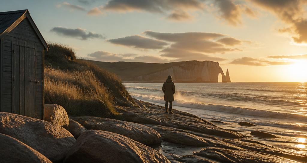 bretagne ou normandie plage falaises coucher soleil