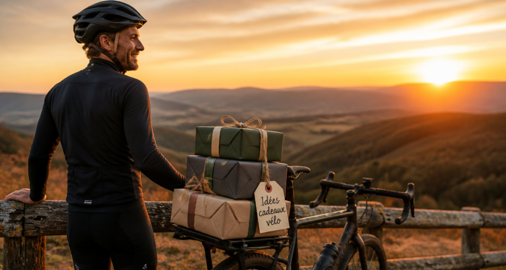 cadeau pour cycliste au sommet avec vélo et paquets