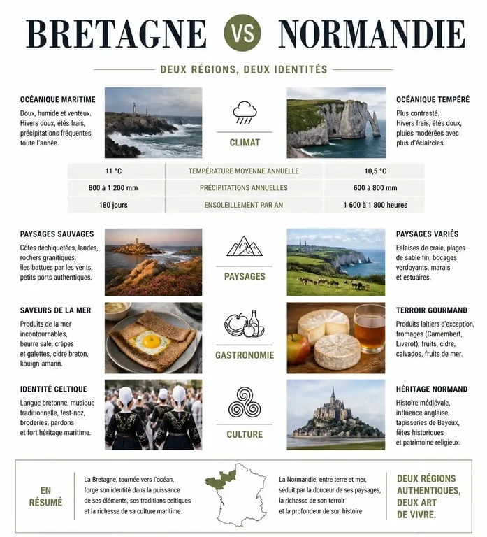 Infographie comparative Bretagne vs Normandie pour choisir sa destination de vacances