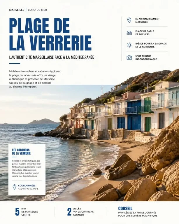 Vue panoramique de la plage de la Verrerie à Marseille avec ses cabanons et son accès à la mer