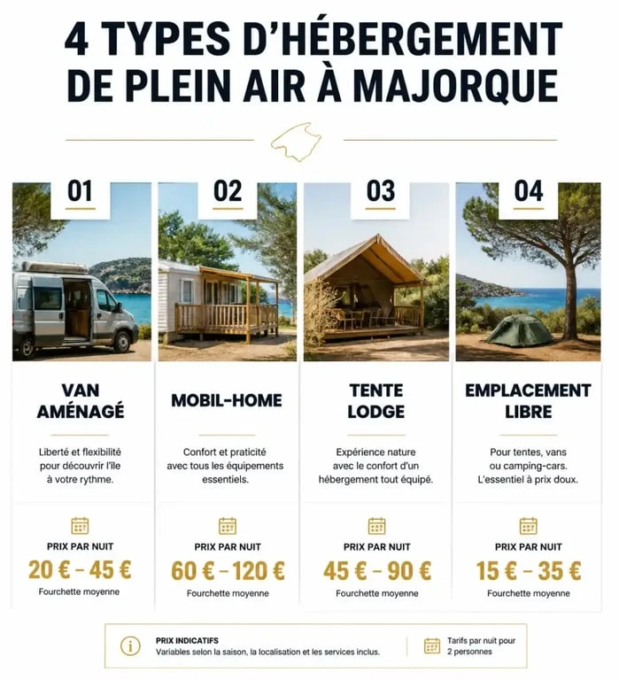 Comparatif des options de camping à Palma de Majorque : prix et types d'hébergements