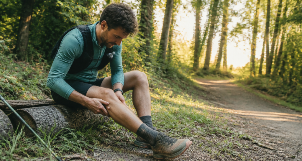 mal aux jambes apres avoir beaucoup marche randonneur assis masse mollets