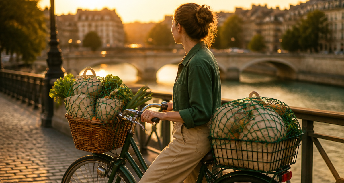 cycliste avec panier velo rempli sur un pont urbain