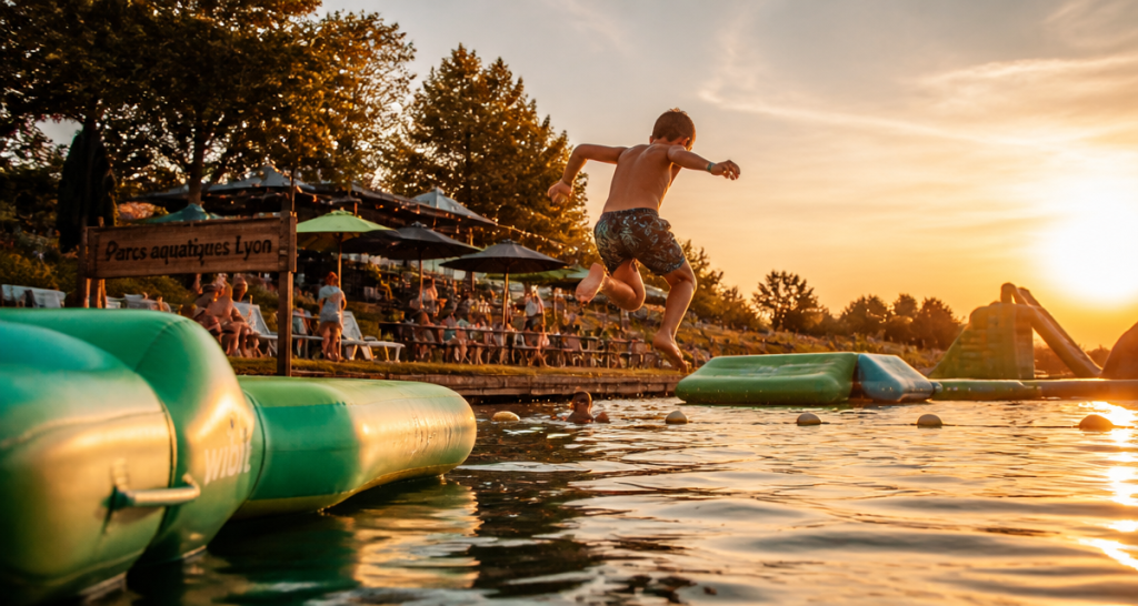 Enfant sautant dans un parc aquatique Lyon au soleil
