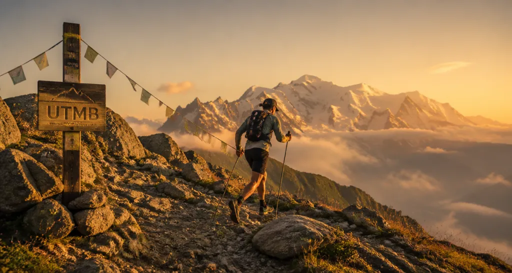 Parcours UTMB trail Mont-Blanc coureur lever du soleil
