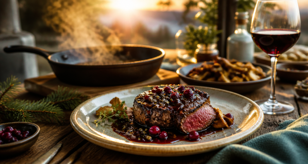recette filet de sanglier à la poêle sur assiette, sauce airelles