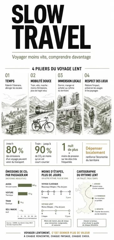 Infographie sur le slow travel: voyager autrement avec les 4 piliers du voyage lent