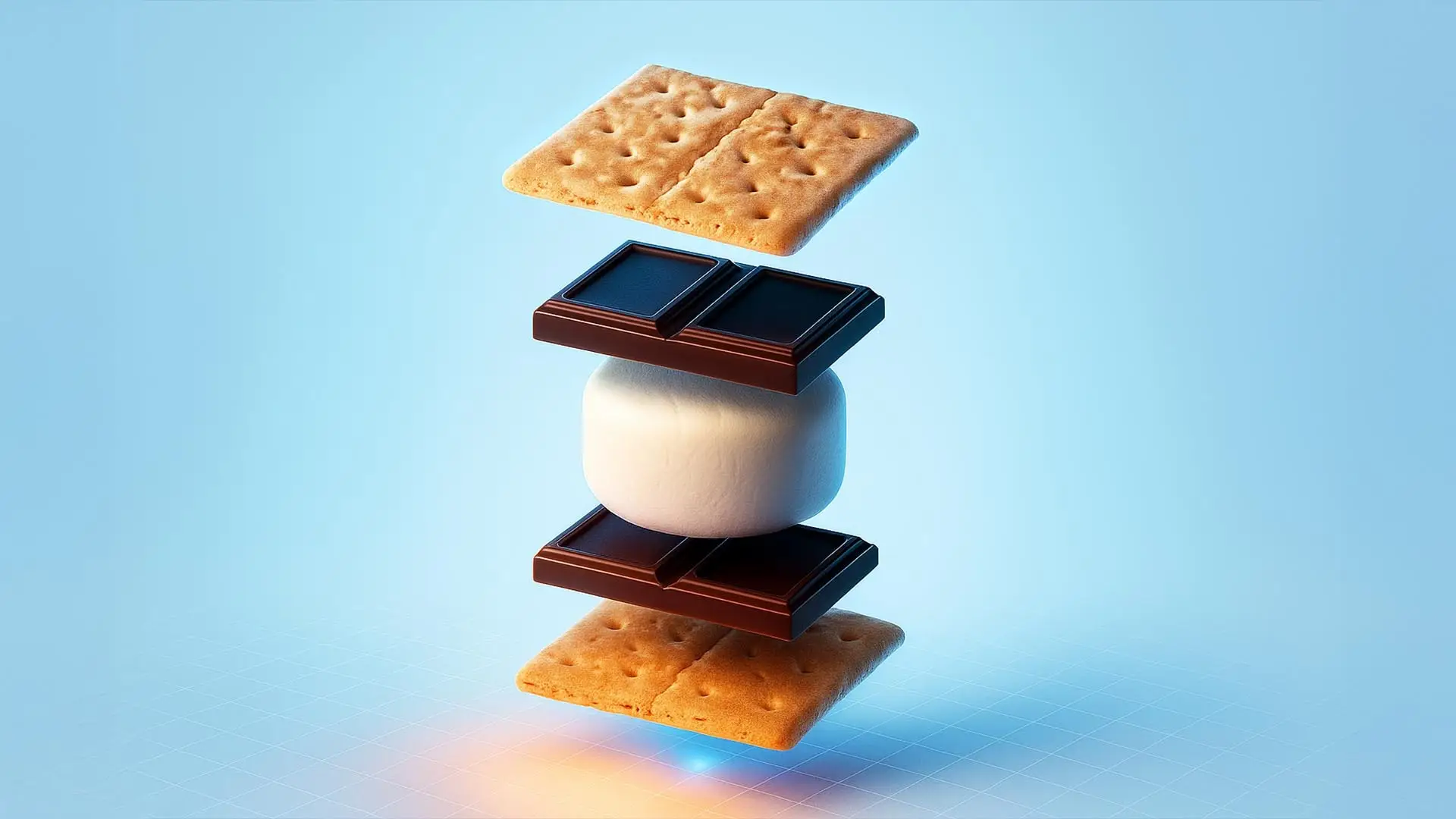 Stacked biscuits, chocolate, and marshmallow on a blue background, resembling a dessert tower.