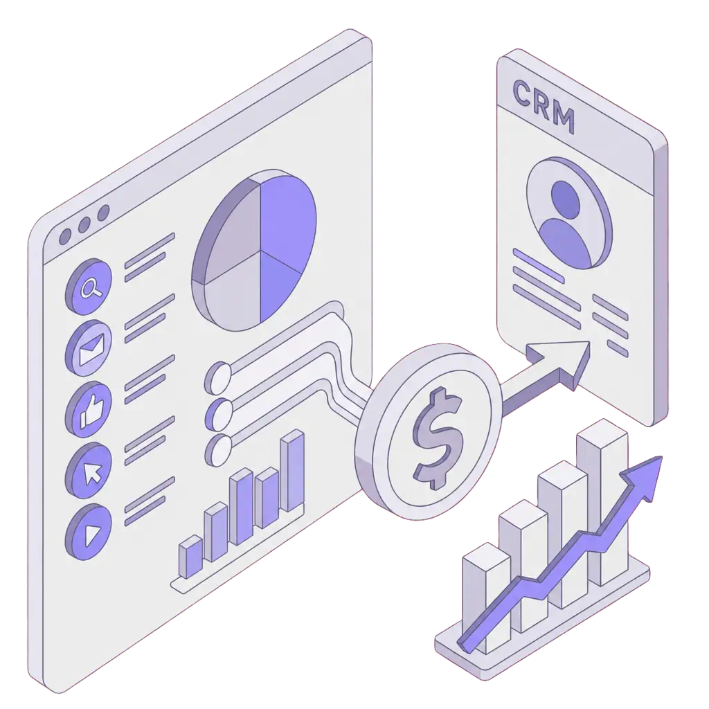 Digital marketing analytics dashboard with charts and CRM icons.