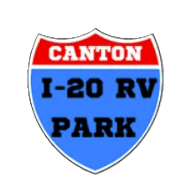 Wills Point TX RV Park Canton I-20 RV Park logo, highway sign style with red "CANTON" top and blue "I-20 RV PARK" bottom; Wills Point TX location.