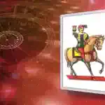Nove di coppe napoletane con cavallo, simbolo di successo e soddisfazione.