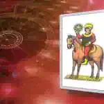 Nove di denari napoletano con cavallo, simbolo di fortuna e prosperità.