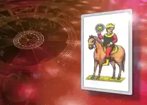 Nove di denari napoletano con cavallo, simbolo di fortuna e prosperità.