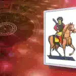 Nove di spade carta napoletana, cavallo di spade, simbolo di sfide e coraggio.