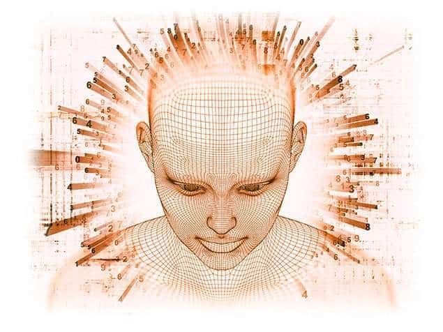 Immagine di una testa umana con numeri e simboli di numerologia angelica.