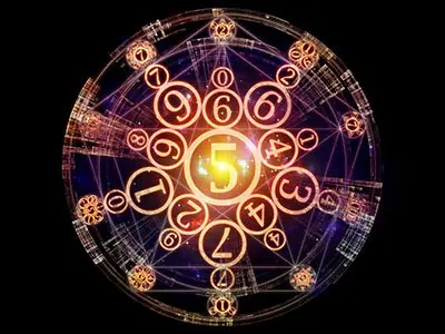 Simbolo numerologico con numero 5 e elementi di numerologia angelica.