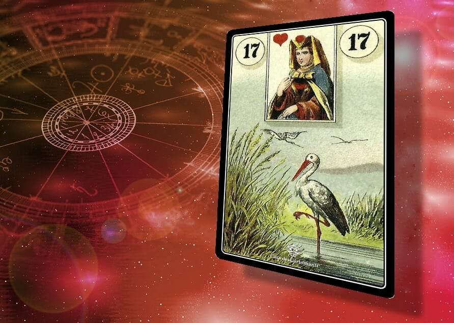 Sibilla con cicogna, simbolo di fortuna e rinnovamento nelle carte di cartomanzia.