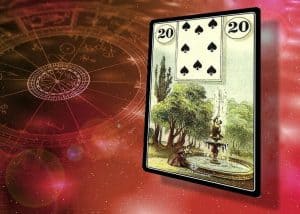 Sibilla con carta 20 di spade in un giardino sereno.