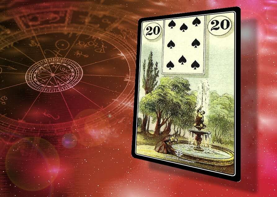 Sibilla con carta 20 di spade in un giardino sereno.