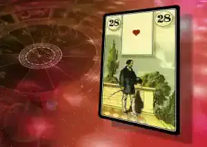 Gentiluomo con carta 28 delle Sibille, simbolo di eleganza e raffinatezza.
