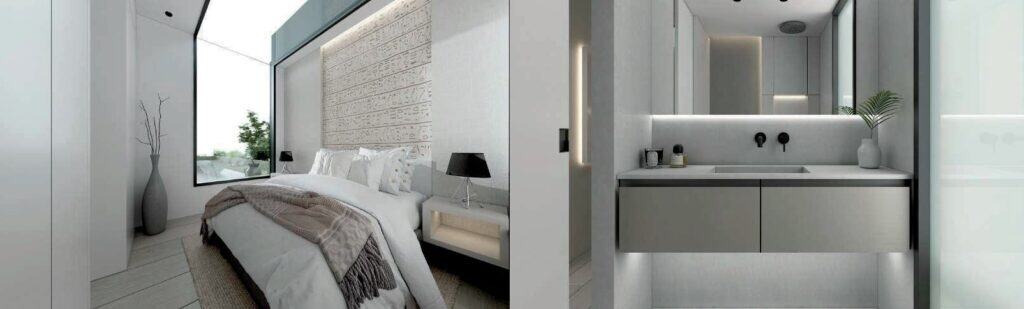 Dormitorio moderno y baño minimalista en blanco y gris.