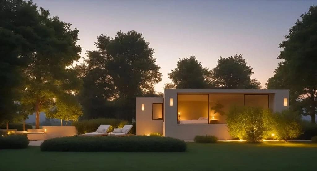 Casa moderna iluminada al atardecer, jardín con árboles.
