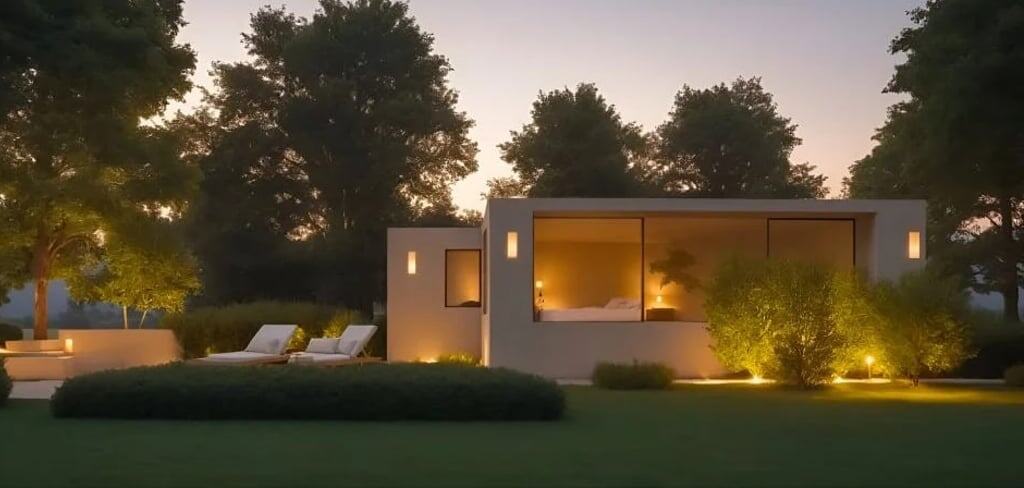 Casa moderna con iluminación exterior al atardecer