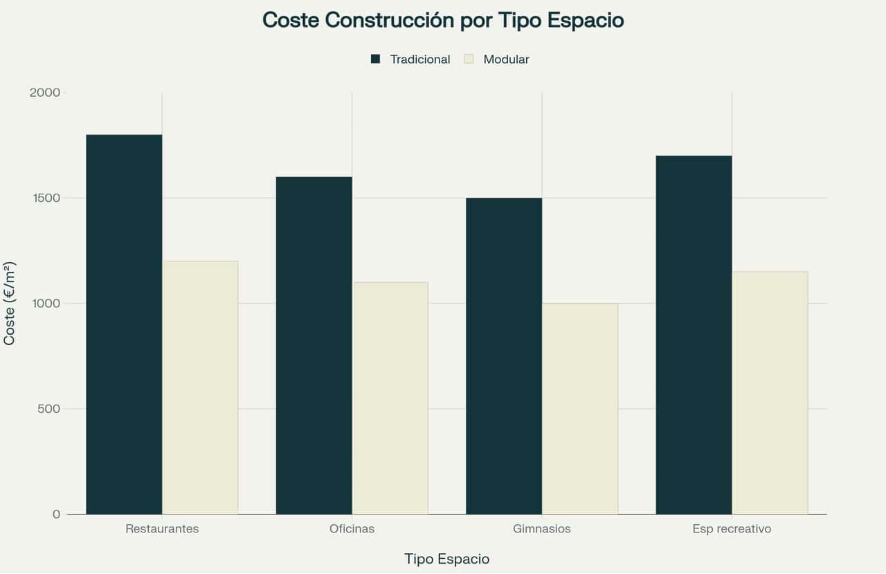 Gráfico coste construcción espacios tradicional versus modular.