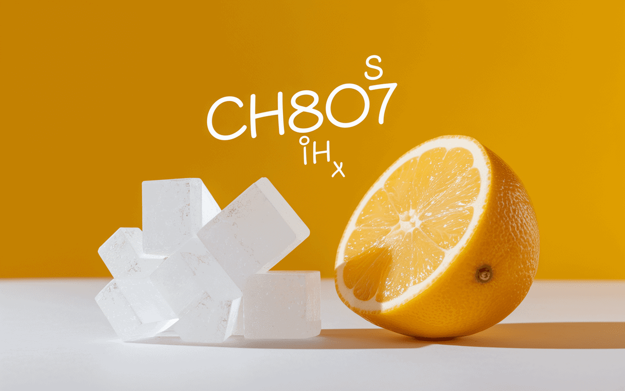 Cristaux d'acide citrique et demi-citron avec formule chimique