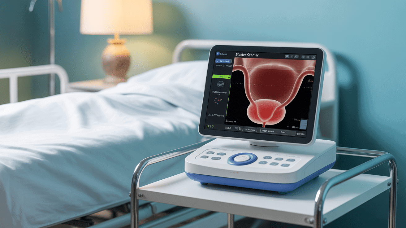Bladder scanner sur chariot hospitalier avec écran de mesure vessie