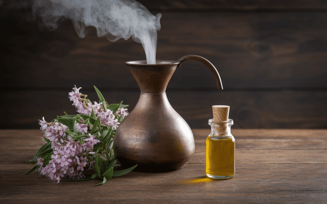 Alambic en cuivre avec branches de romarin et huile essentielle