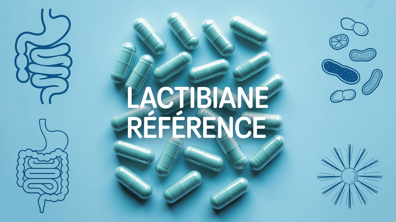 Gélules Lactibiane Reference sur fond bleu avec intestins et bactéries