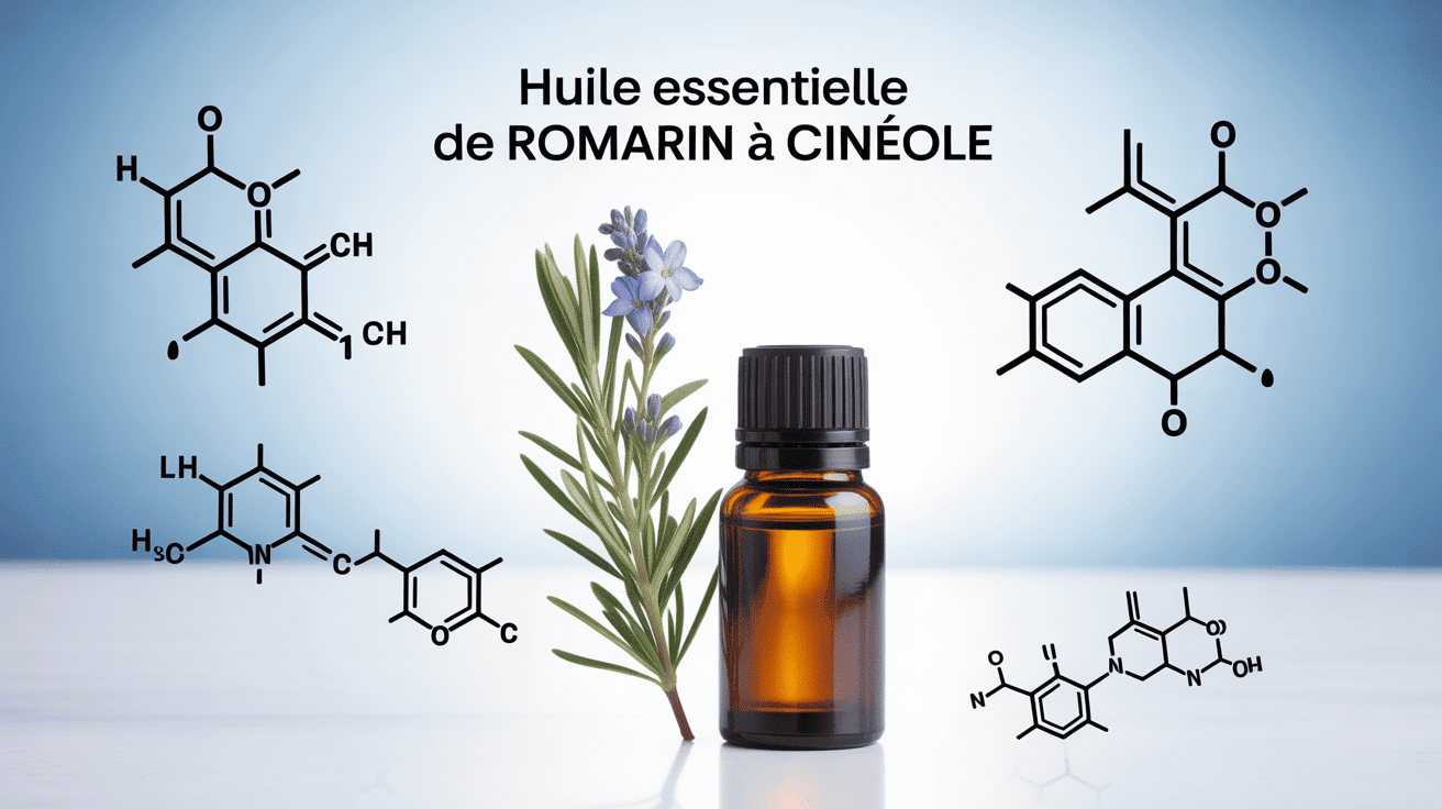Branche de romarin, flacon d'HE et molécules de 1,8-cinéole