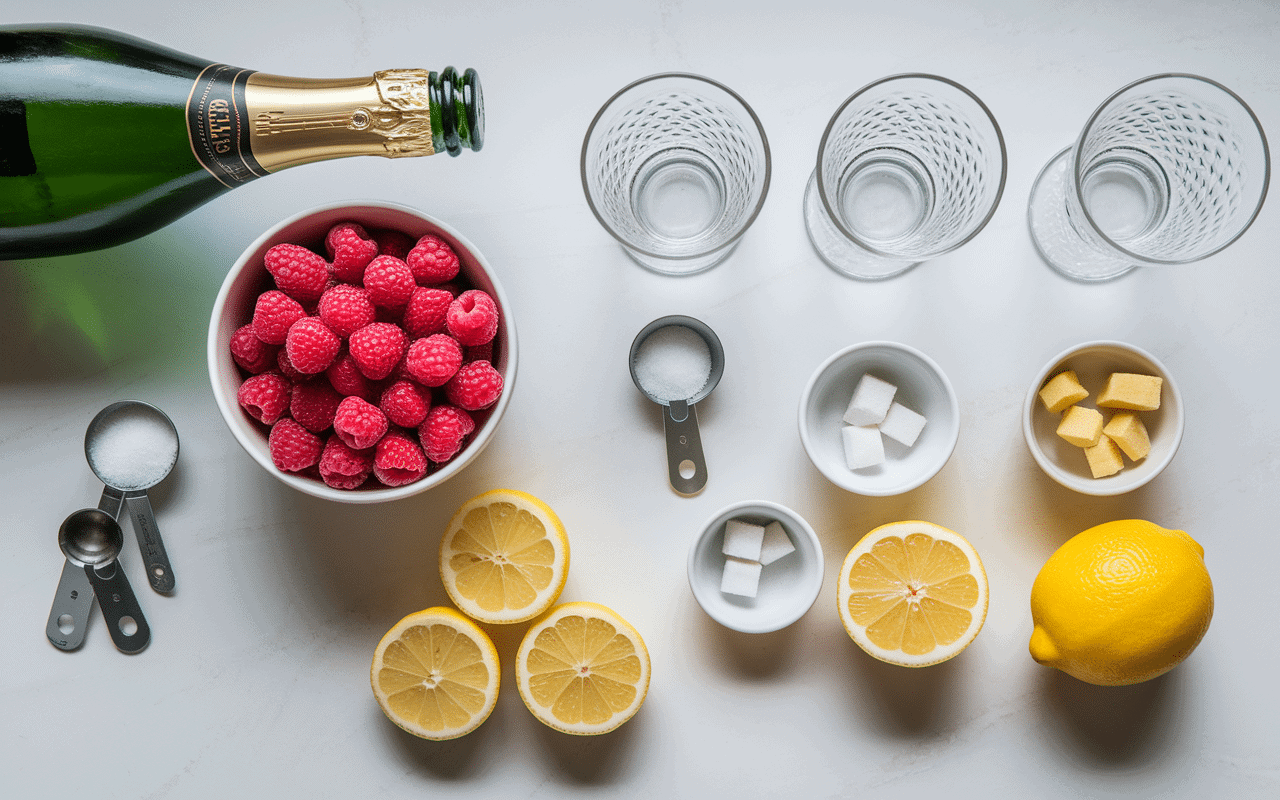 Ingrédients soupe champagne framboises sur comptoir